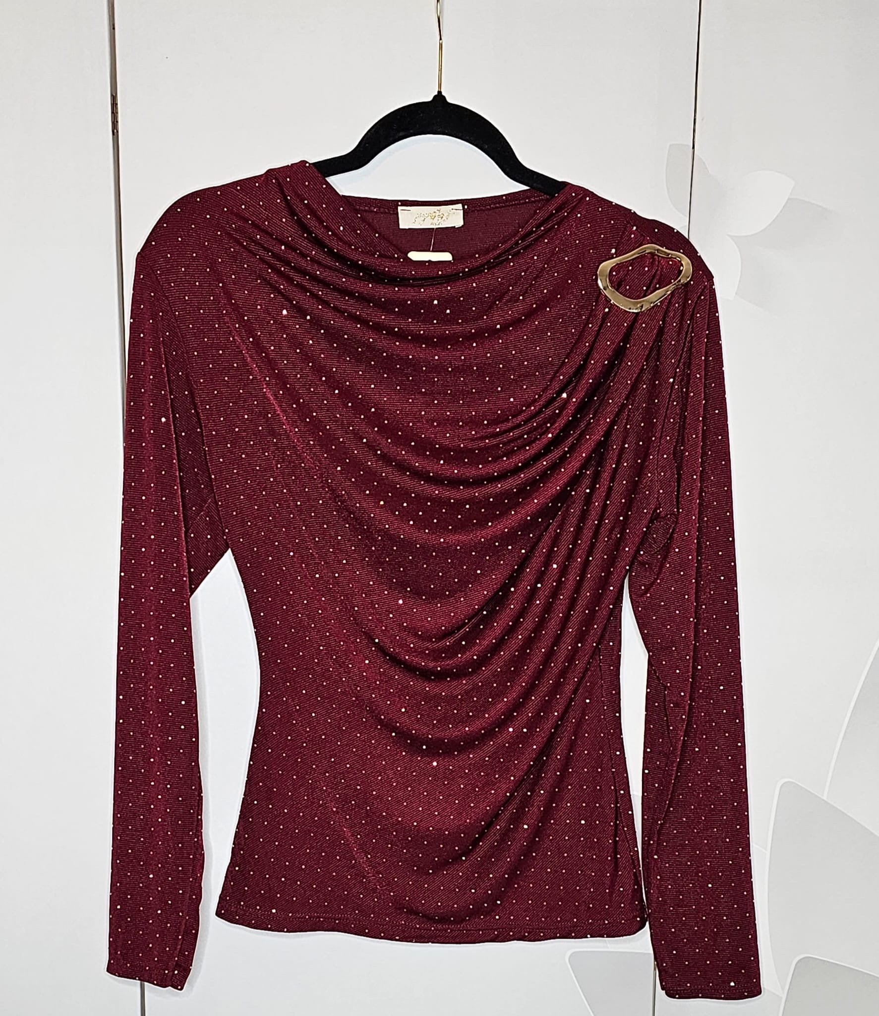 Lang Ärmel Top mit goldene Brosche und Strasssteine (Einheitsgröße tragbar bis L) Damen - Lang Ärmel Top