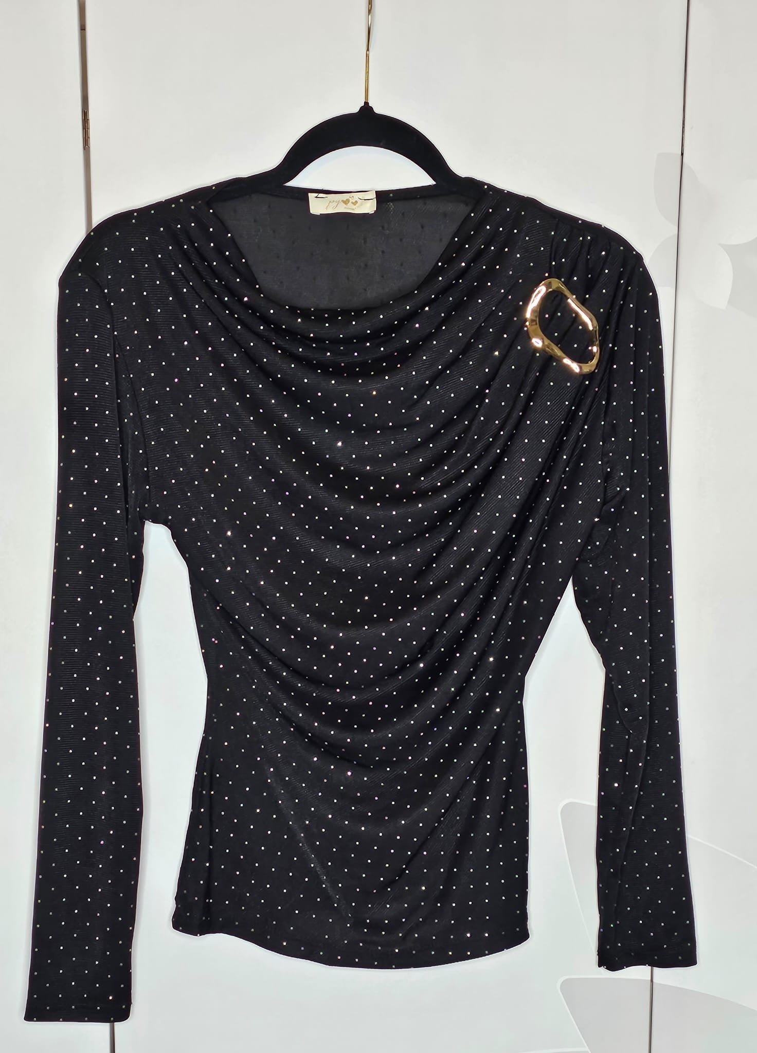 Lang Ärmel Top mit goldene Brosche und Strasssteine (Einheitsgröße tragbar bis L) Damen - Lang Ärmel Top