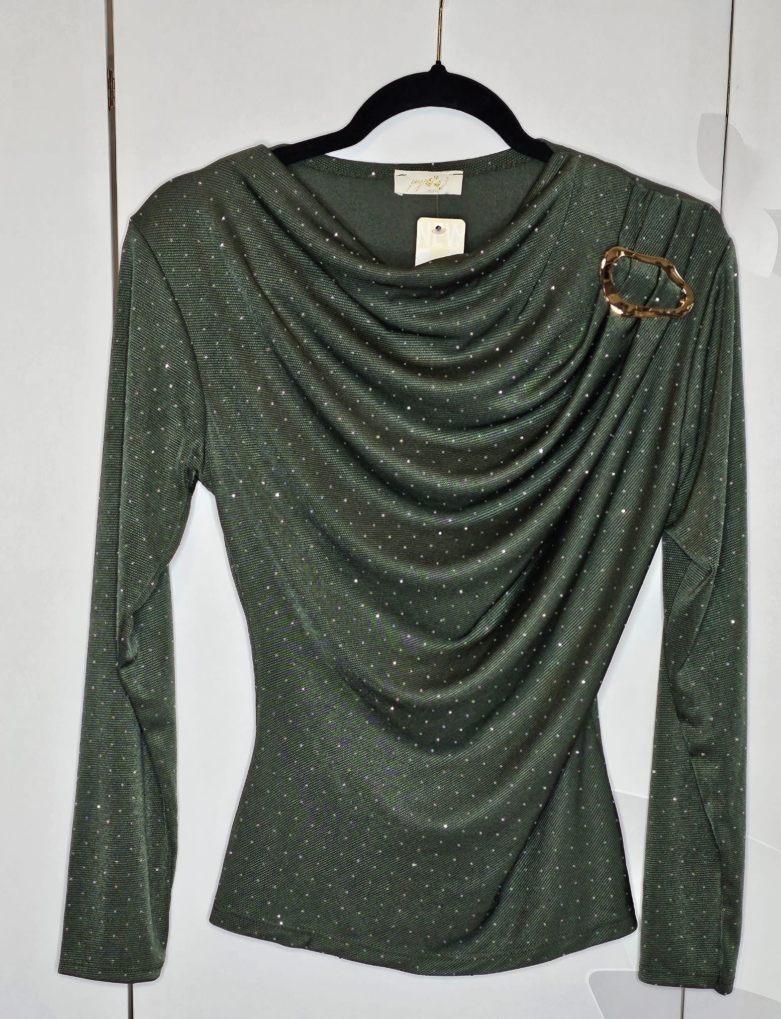 Lang Ärmel Top mit goldene Brosche und Strasssteine (Einheitsgröße tragbar bis L) Damen - Lang Ärmel Top