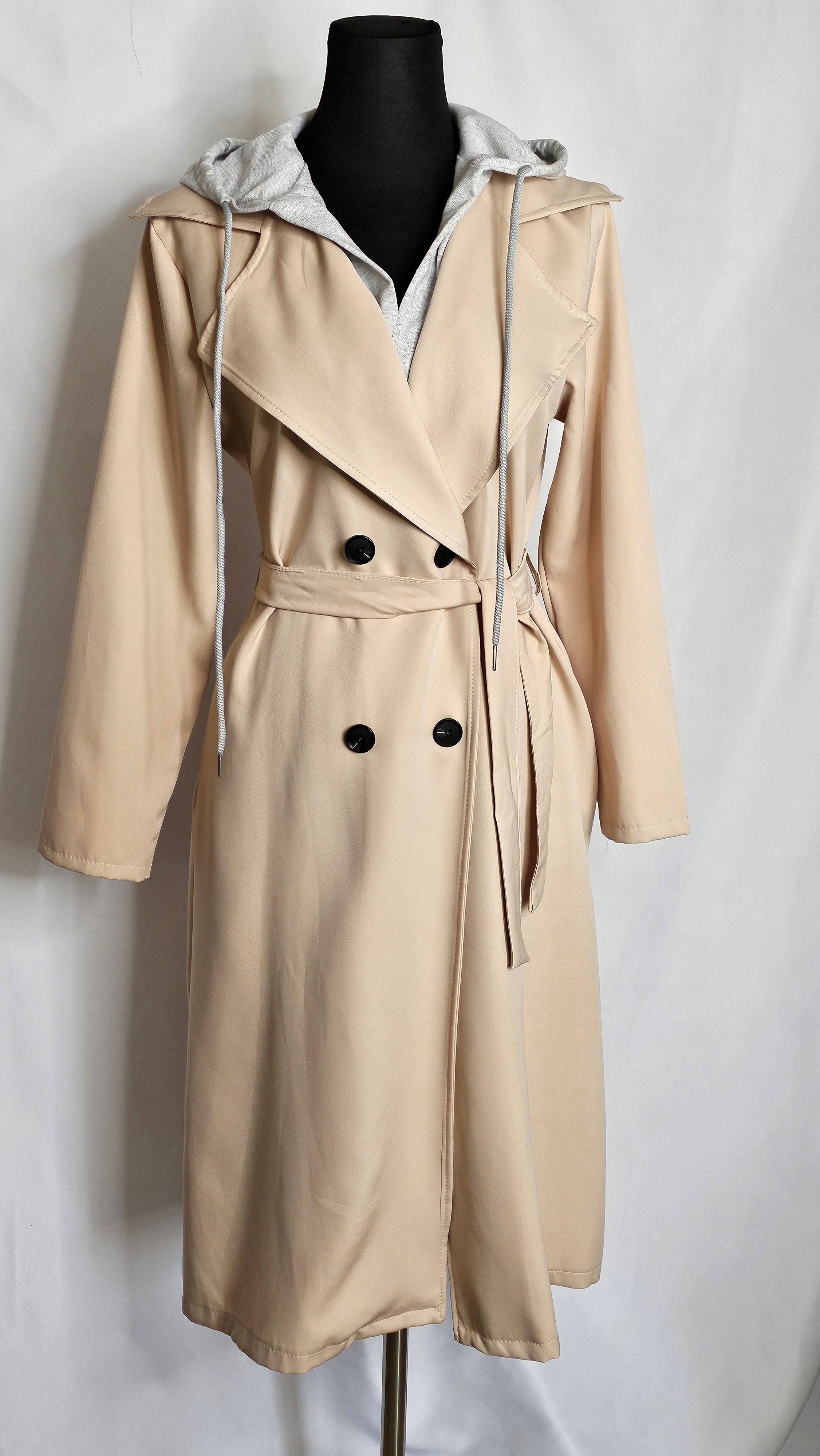 Trenchcoat mit Kapuze,Bindegürtel und Knöpfe (Einheitsgröße tragbar bis L) Damen - Trenchcoat