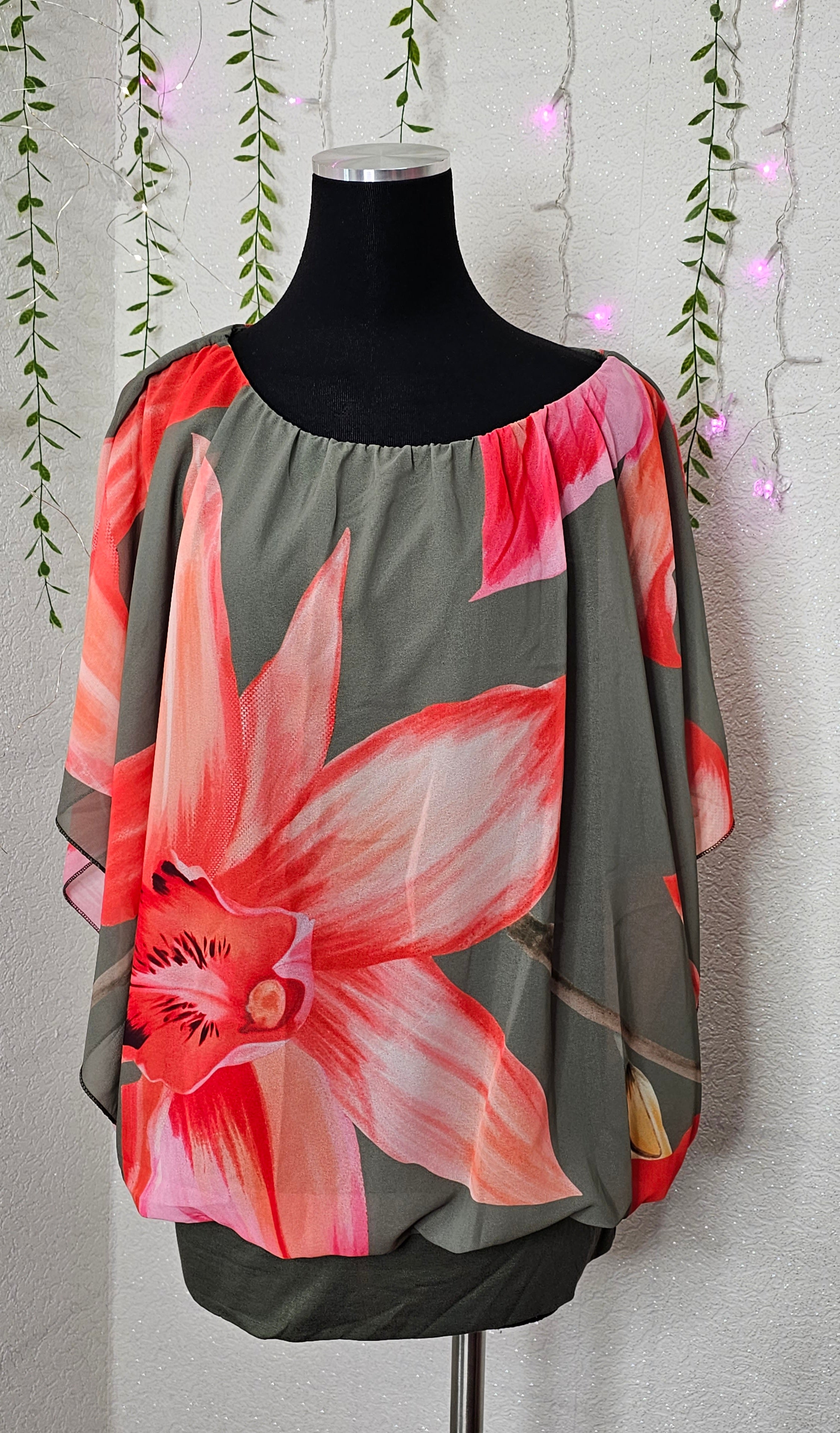 Damen Oberteil mit Blumenmuster (Einheitsgröße tragbar bis Größe L) Damen-Oberteil