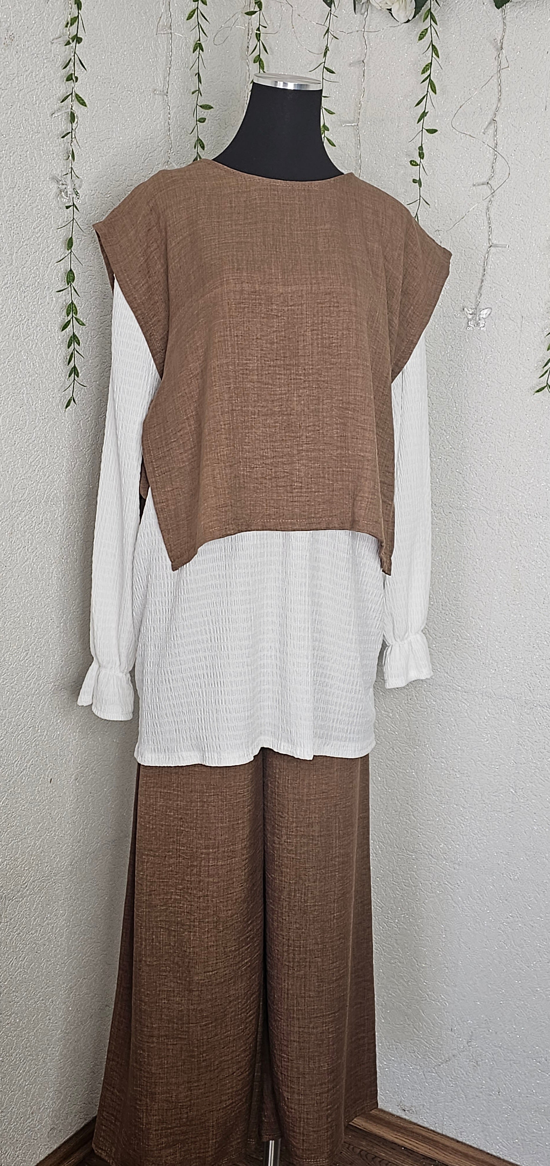Damen Zweiteiler Bluse mit Weste und Hose (Einheitsgröße tragbar bis L) Damen-Zweiteiler