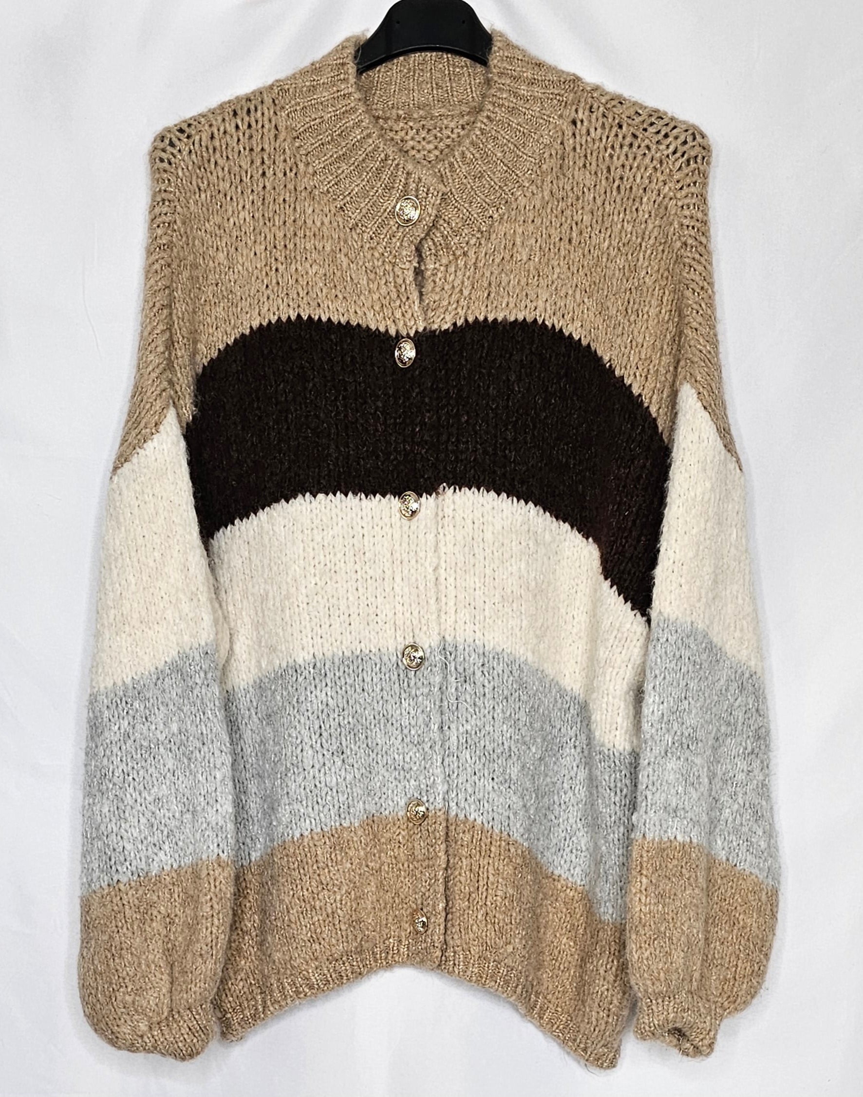 Gestreifte Toffee Strickjacke mit goldenen Knöpfe (Einheitsgröße tragbar bis XL) Damen - Strickjacke