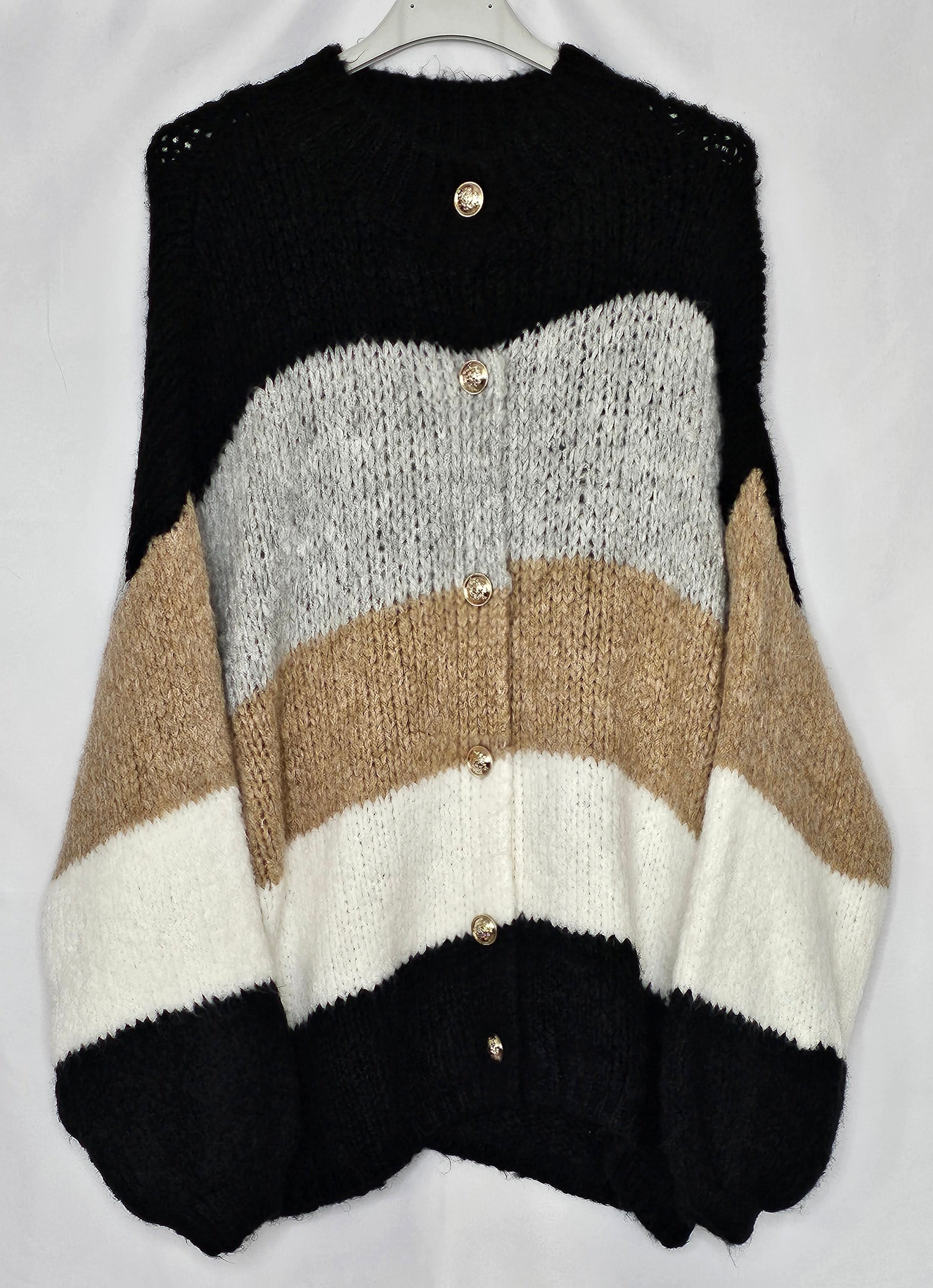 Gestreifte Toffee Strickjacke mit goldenen Knöpfe (Einheitsgröße tragbar bis XL) Damen - Strickjacke