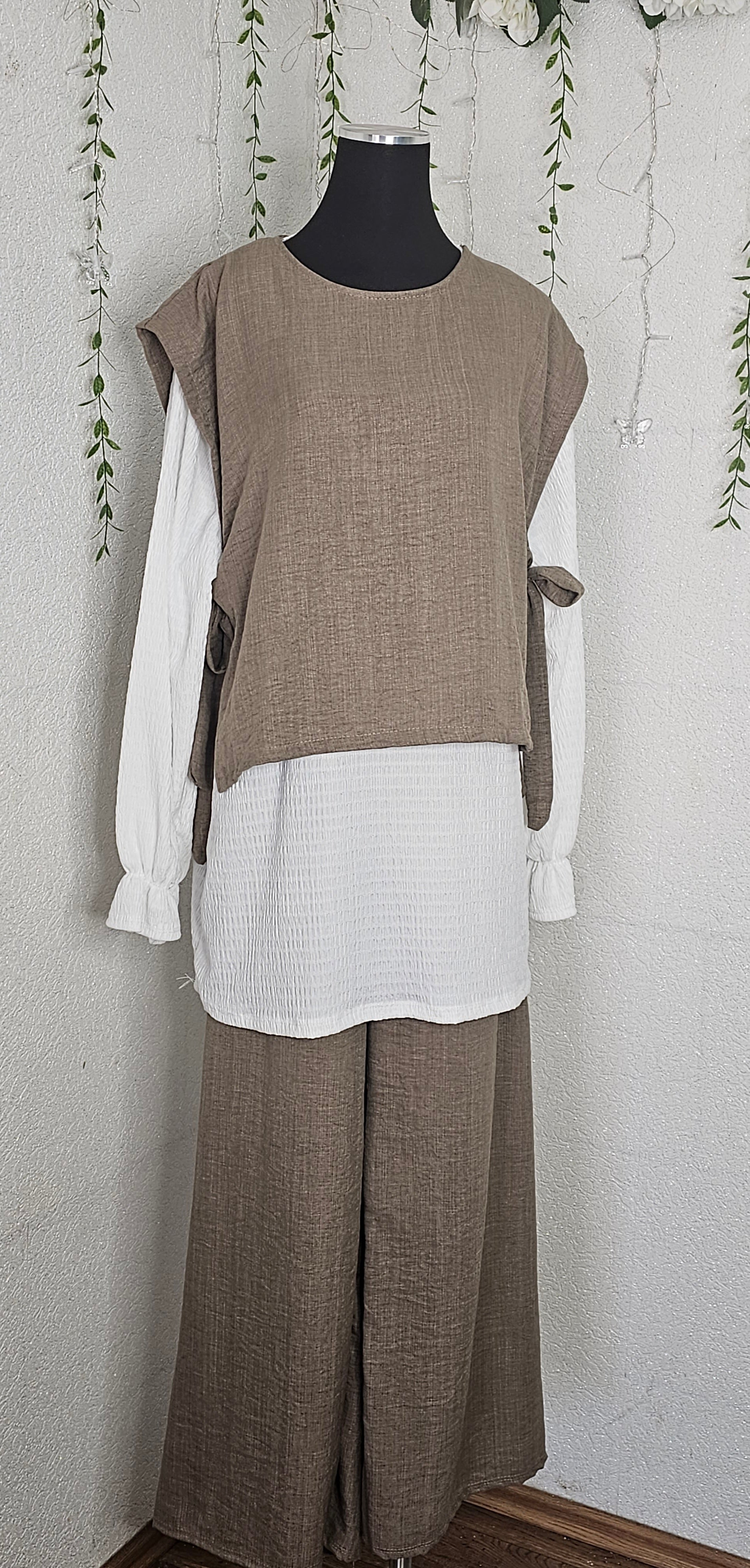 Damen Zweiteiler Bluse mit Weste und Hose (Einheitsgröße tragbar bis L) Damen-Zweiteiler