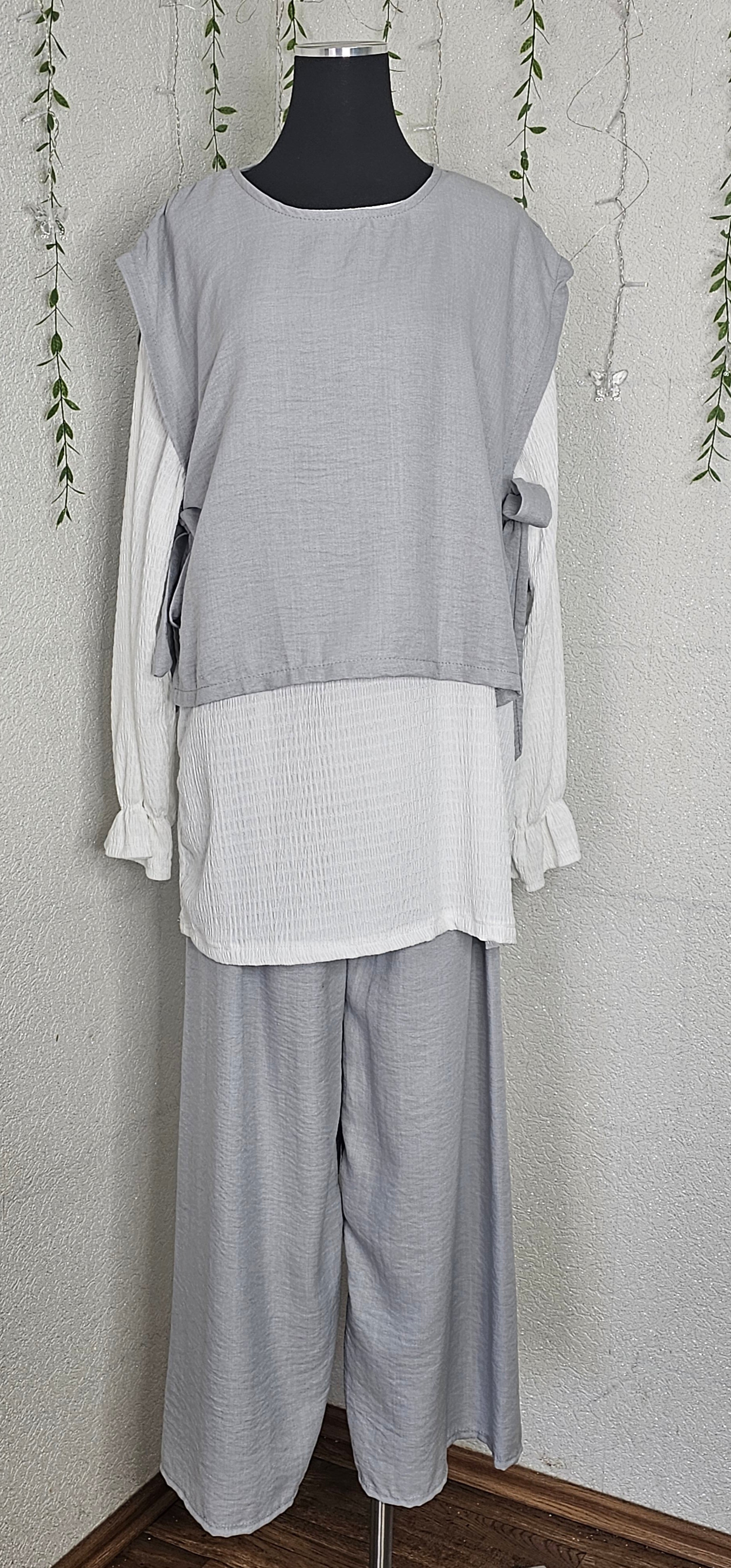 Damen Zweiteiler Bluse mit Weste und Hose (Einheitsgröße tragbar bis L) Damen-Zweiteiler