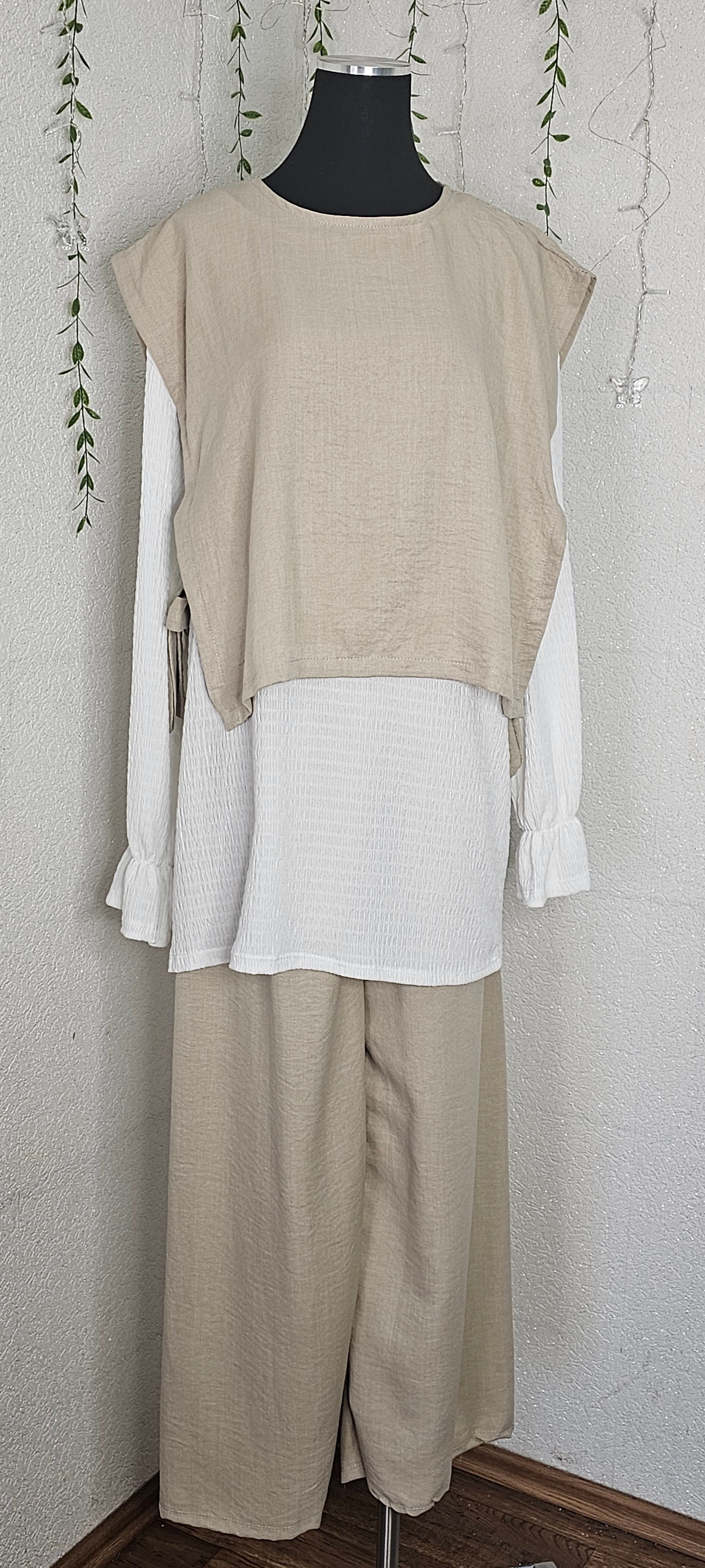 Damen Zweiteiler Bluse mit Weste und Hose (Einheitsgröße tragbar bis L) Damen-Zweiteiler
