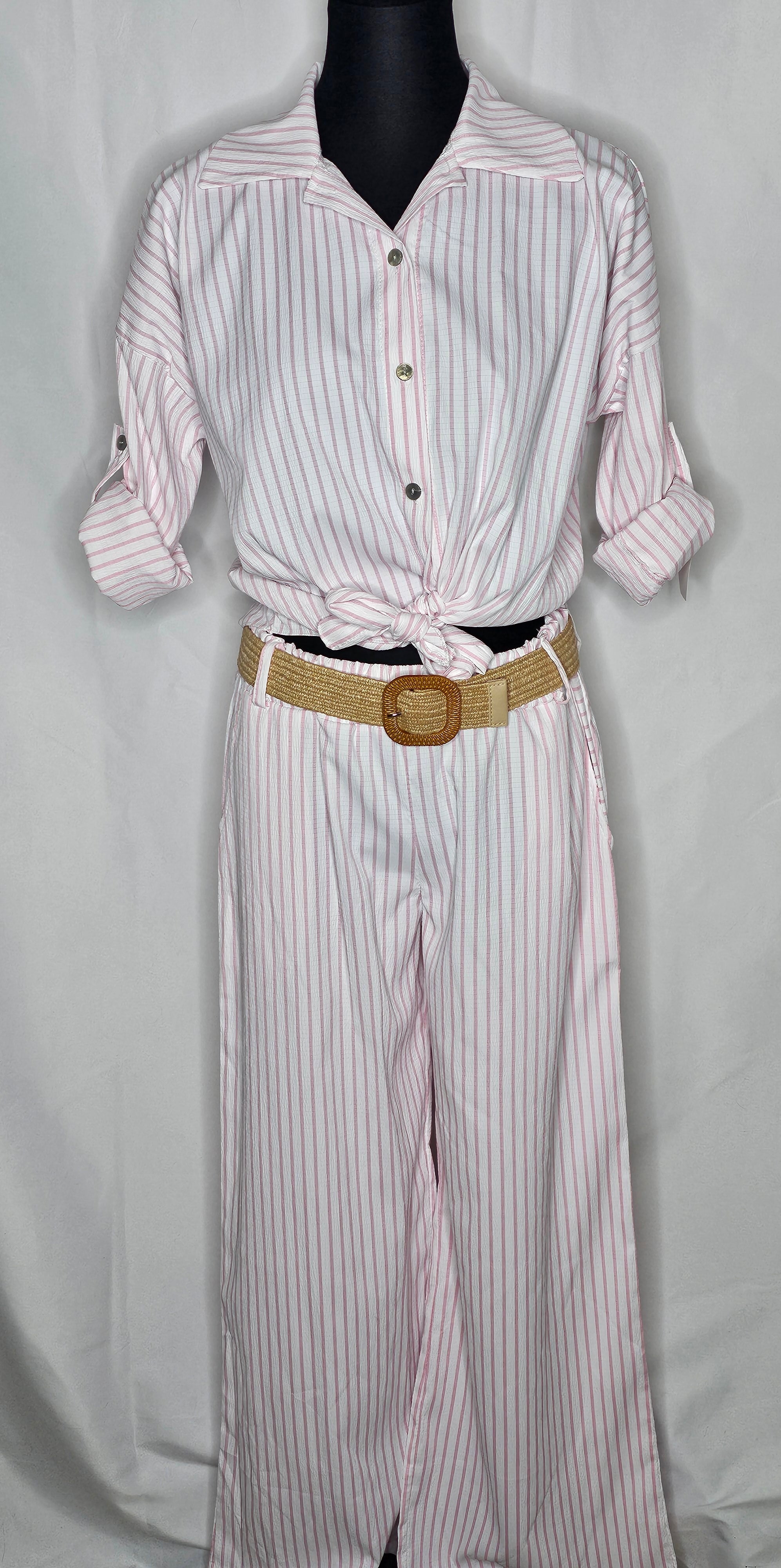 Gestreifte Frühling zweiteiler mit Gürtel (Einheitsgrösse tragbar bis L)  Damen-Zweiteiler